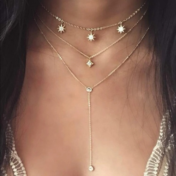 gold layered rhinestone star y lariat necklace
